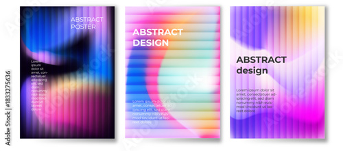 Set of colorful, blurred, blue, pink, purple, grainy, gradient images. Trendy pastel blends. Poster with geometric shapes. Glass ripple texture with gradient background