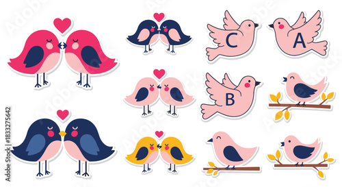 A charming sticker set of cute bird couples, including lovebirds kissing and doves carrying letters, perfect for romantic themes.
