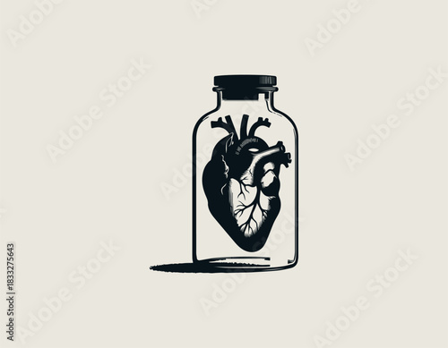 Anatomically correct human heart carefully preserved inside a clear glass jar. Medical study concept
