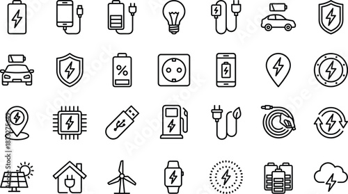 Electric Power, Energy, Charging, and Green Technology Icons Set, Electrical Vehicle, Battery, Renewable, and Smart Home Line Symbols Collection.