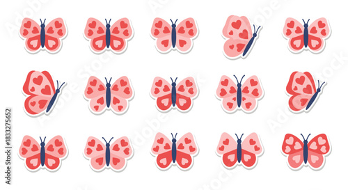 A collection of cute pink and red butterfly stickers, with their wings decorated with small, charming heart patterns.