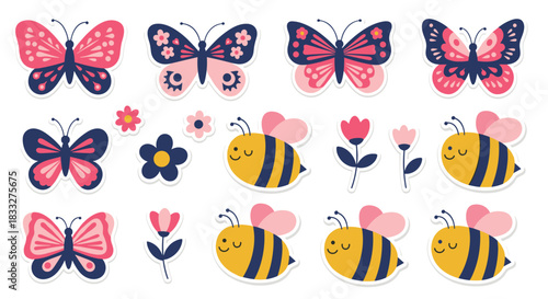 A sweet sticker set of spring insects and flowers, featuring cute smiling bees, and colorful butterflies with decorative wings.