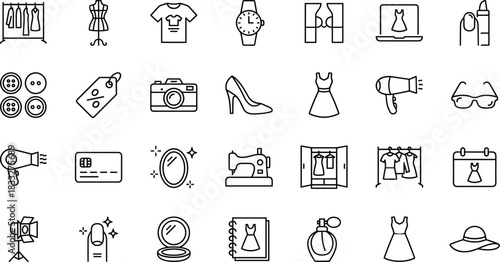 Fashion, Beauty, and Shopping Icons Set, Clothing, Accessories, Cosmetics, Mannequin, Sewing, and Trendy Style Vector Line Symbols Collection.