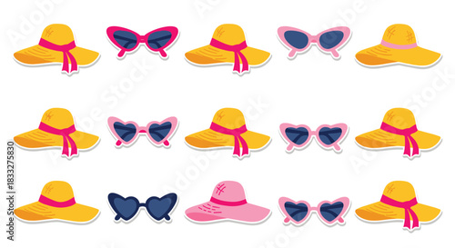 A summery sticker collection of beach accessories, featuring wide-brimmed straw hats and stylish heart-shaped sunglasses.