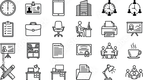 Office and Business Management Icons Set, Workplace, Job, Meeting, Desk, Administration, and Corporate Line Symbols for Resume and Career.