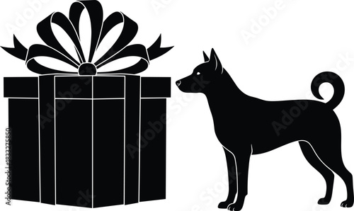 Silhouette of dog standing beside large gift box with ribbon, representing celebration, surprise, pet themes, festive holiday concept illustration