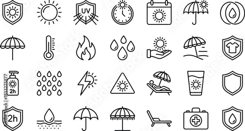 Sun Protection and UV Shield Icons Set, Summer Safety, Skincare, Heat, Weather Warning, and Climate Line Symbols for Health and Outdoor Care.