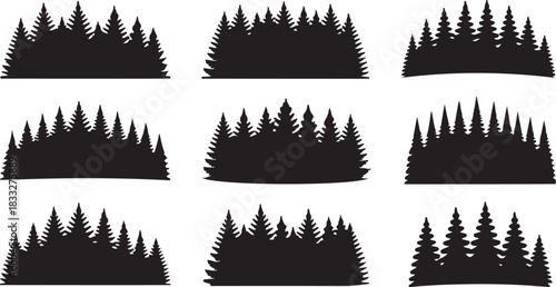Collection of black silhouettes of pine trees in a forest landscape