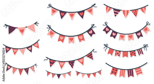 A festive collection of party bunting and garland flag stickers with heart patterns, perfect for Valentine's Day celebrations.
