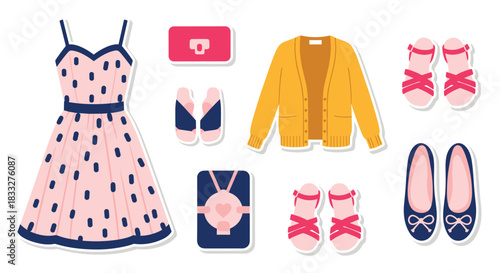 A summer women's fashion sticker set, including a polka dot dress, yellow cardigan, sandals, and other cute accessories.
