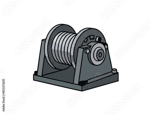 Illustration of a grey industrial winch machine with a coiled rope on its drum
