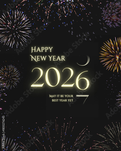 Black and Bright Yellow Modern Fireworks Happy New Year 2026 Instagram Post