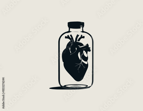 Anatomically correct human heart carefully preserved inside a clear glass jar. Medical study concept