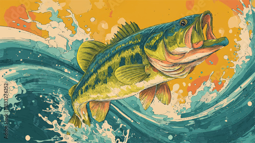 Bass fish jumping out of the water illustration with splash art