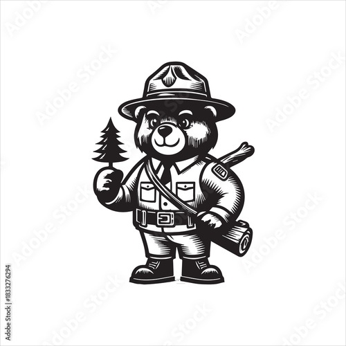Forester Bear Logo Vector Illustrations Mascot with Tree and Ranger Outfit