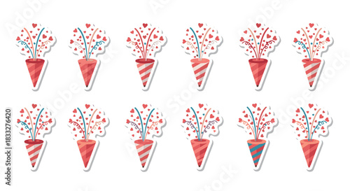 A repeating pattern of festive party popper stickers, exploding with a shower of hearts and confetti for a celebration.