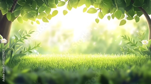 Lush green meadow framed by sunlit foliage and tree trunks creates a natural opening