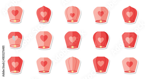 A collection of cute pink and red sky lantern stickers, many decorated with hearts, for festivals and romantic celebrations.