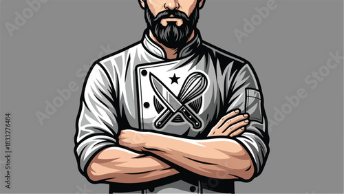 Professional Chef with Crossed Arms and Kitchen Utensils Emblem.