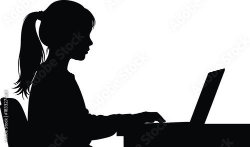 Silhouette of young girl using laptop at desk, representing online learning, studying, technology use, digital education, remote work, and modern lifestyle