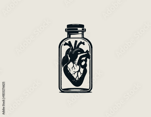 Anatomically correct human heart carefully preserved inside a clear glass jar. Medical study concept