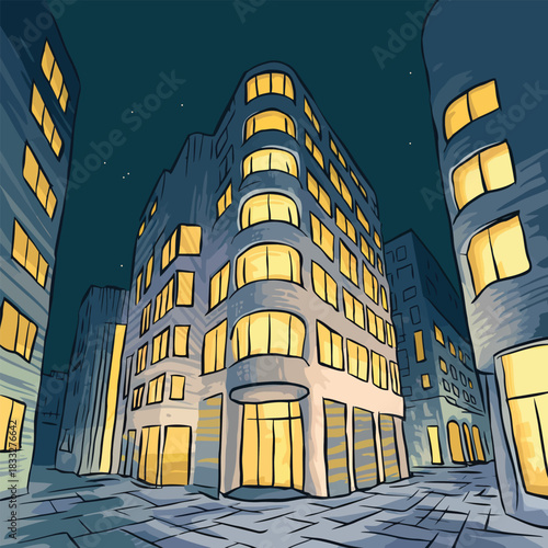 Cartoon Cityscape at Night with Illuminated Buildings