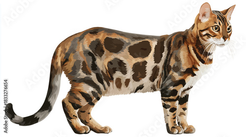 Beautiful Bengal Cat with Rosettes and Stripes on White Background