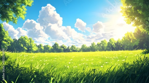Vibrant green meadow stretches beneath a bright blue sky filled with cumulus clouds