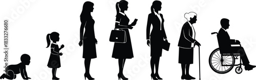 Silhouette showing human life stages from infancy to old age, growth development, aging progression concept for education, healthcare, and generational illustration projects