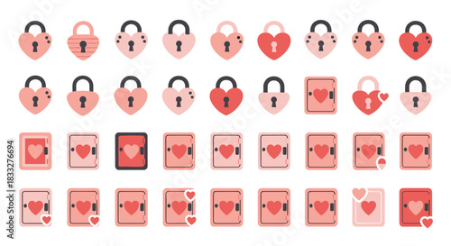 A large and cute collection of pink heart-shaped padlock and safe stickers, perfect for Valentine's Day and love themes.