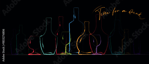 Outline illustration of a bottle of alcohol, bar counter, nightclub, party. Neon colors, hand-drawn line art, vector design for a restaurant banner, alcohol menu, lots of booze, alcoholism concept