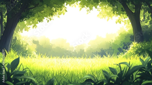 Bright sunlight illuminates a lush grassy clearing bordered by dense woodland trees.