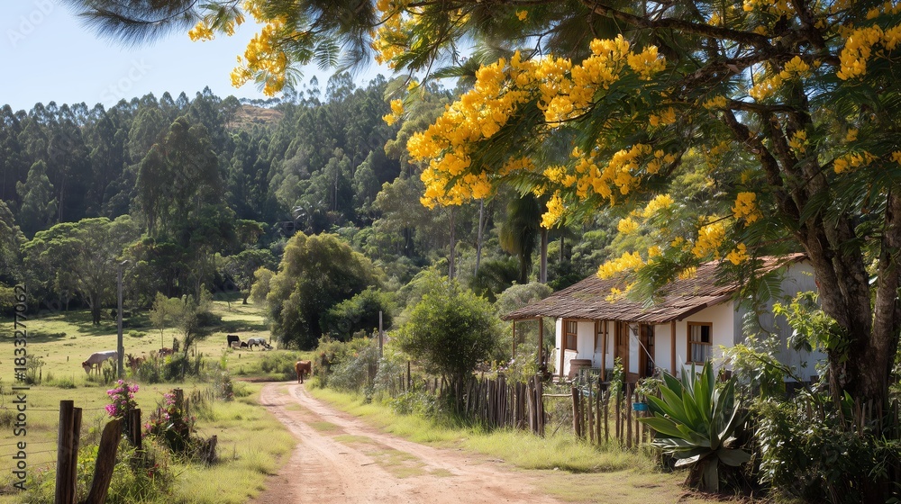 Fototapeta premium Scenic countryside road bordered by vibrant yellow flowers and rustic homes in nature