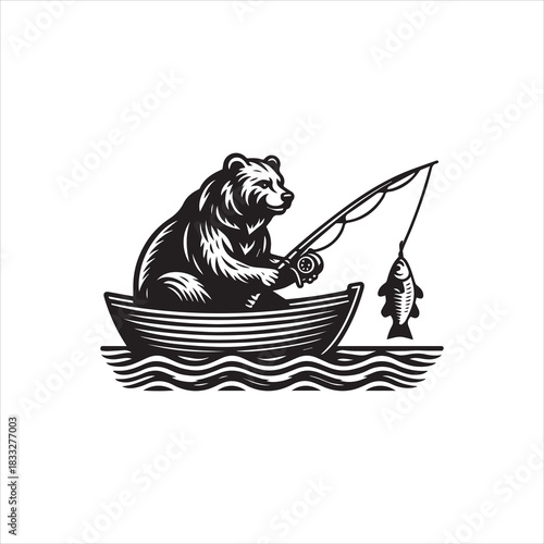 Charming black and white bear fishing in a boat logo vector illustrations, a vintage outdoor recreation design concept for nature lovers