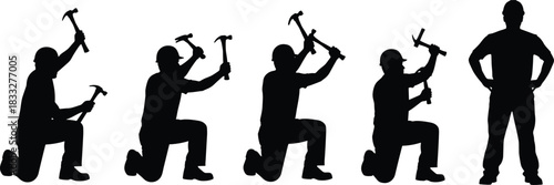 Silhouettes of construction workers kneeling and hammering with tools, showing labor, craftsmanship, repair work, industry skills, and professional manual occupations