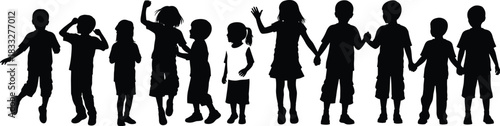 Silhouettes of children playing, running, holding hands, expressing joy and movement, depicting happy childhood moments ideal for creative projects and illustration use
