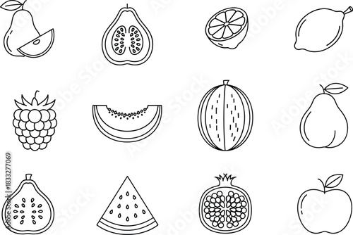 Collection of fresh fruit line icons featuring pears, melons, berries, figs, citrus slices, pomegranate, apple, and assorted healthy organic fruit illustrations