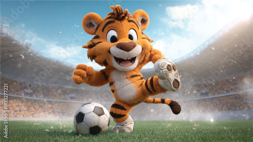 Cartoon Tiger Mascot Kicking Soccer Ball on Stadium Field Illustration