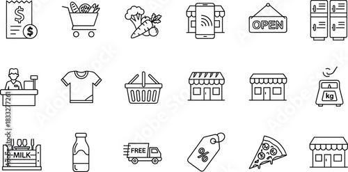 Collection of modern retail and grocery shopping icons featuring food items, store elements, delivery services, pricing labels, and digital purchase concepts