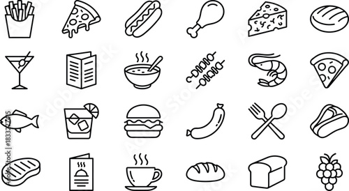 Food and restaurant icon set featuring fast food, beverages, seafood, bread, desserts, menus, cooking utensils, and various meal elements in clean line style.