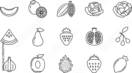 Fruit and vegetable icon set featuring fresh produce, tropical fruits, leafy greens, berries, citrus, and organic food elements in clean line style.