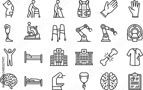 Medical rehabilitation and healthcare icon set featuring mobility aids, prosthetics, hospital equipment, diagnostics, therapy, patient care, injury treatment, and clinical support services.
