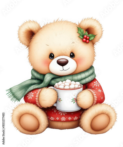 Cute teddy bear wearing a red sweater and green scarf, holding a mug of hot chocolate with marshmallows, festive holiday illustration isolated on transparent background