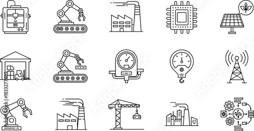 Industrial technology and manufacturing icon set featuring robotics, factories, automation, energy systems, construction equipment, microchips, sustainability symbols, and warehouse operations.