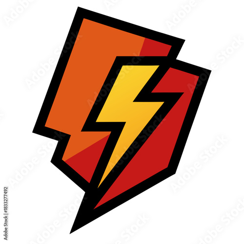Bold red and orange lightning bolt emblem