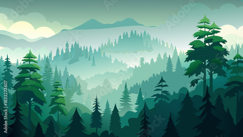 Misty Evergreen Forest Landscape with Fog and Morning Light