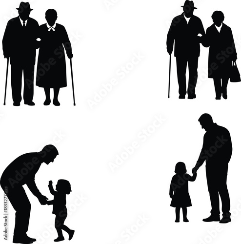 Silhouettes of elderly couples walking with canes and father interacting with child, heartwarming family generations, caregiving and bonding moments for design projects