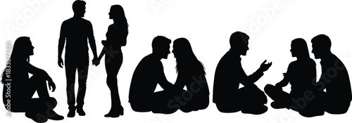 Silhouettes of couples and friends sitting, talking, communicating, and bonding in relaxed poses, illustrating relationships, conversation, social interaction, and emotional connection