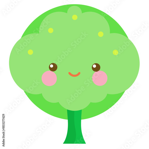 Cute happy green tree character with pink cheeks and yellow dots
