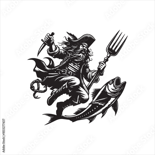 Dynamic pirate captain riding a fish with a giant fork, a fun seafood mascot logo, vector, illustrations design concept 89.eps